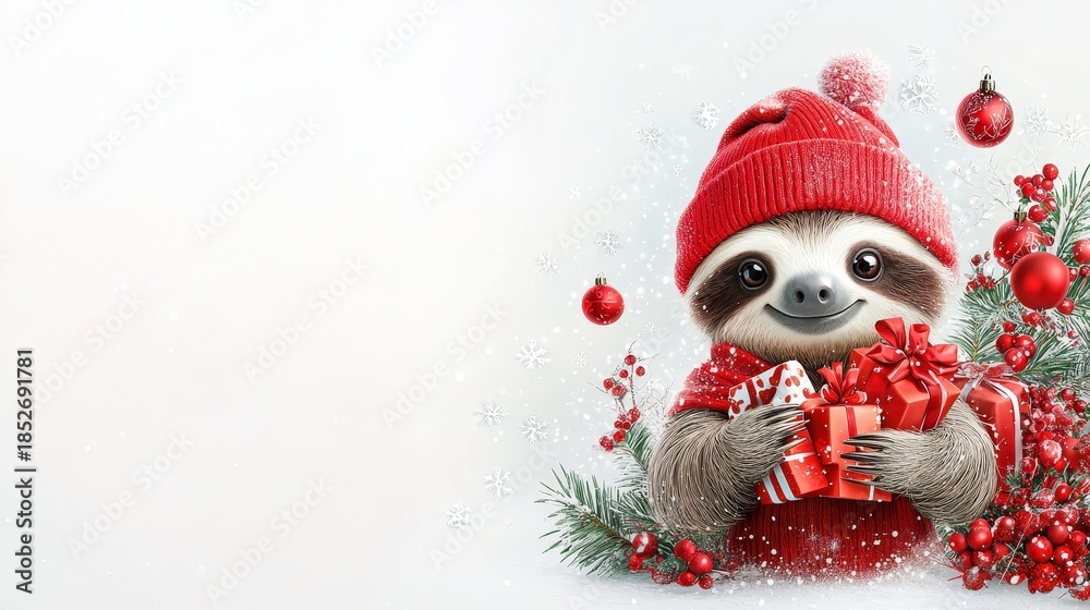 Naklejka premium Festive Sloth with Christmas Presents and Ornaments in Cozy Red Hat and Sweater