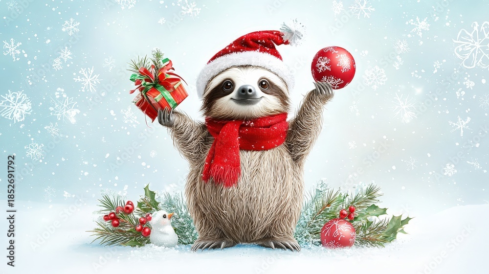Naklejka premium Cute Sloth Wearing Santa Hat Celebrating Christmas in Winter Wonderland Scene