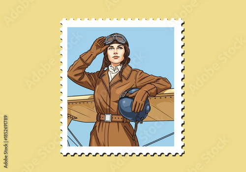 Vintage female aviator portrait as a postage stamp illustration