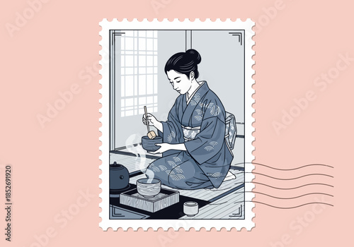 Woman in kimono preparing matcha tea in a traditional room setting