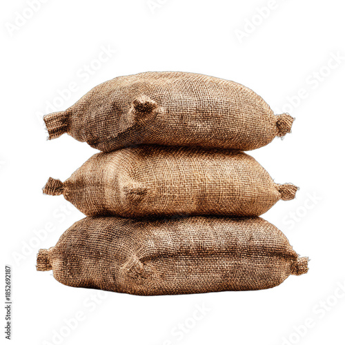 Stack of three rough burlap sacks filled and tied closed