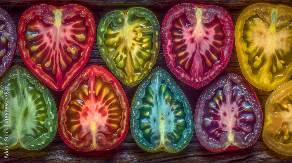 Fototapeta premium Rainbow colorful tomato halves in a row, creative healthy food and vegetarian nutrition concept