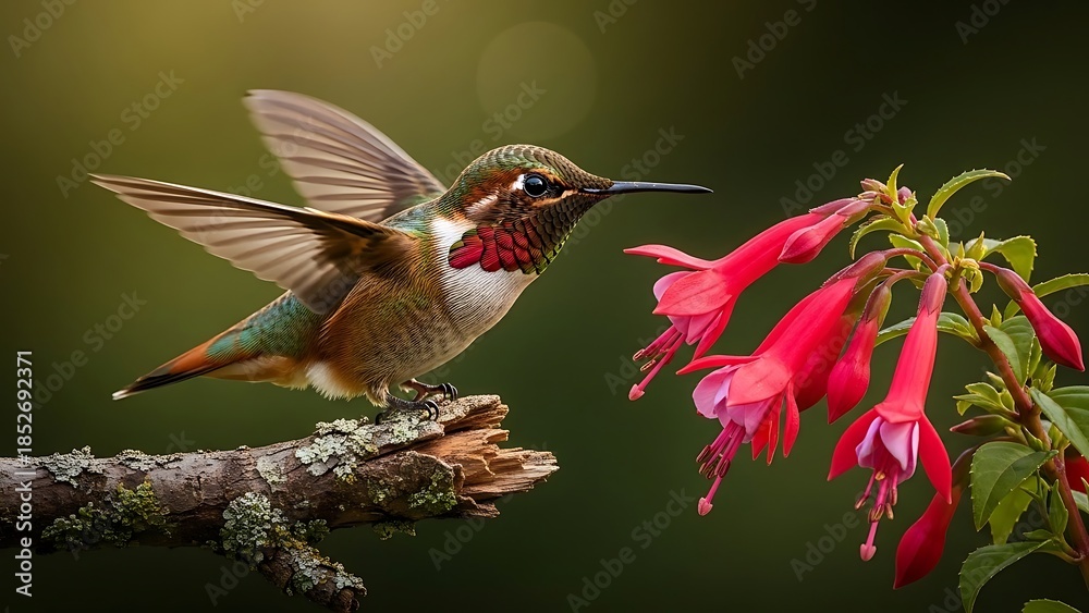 Naklejka premium A vibrant male hummingbird with iridescent plumage hovers beside a branch with hanging fuchsia flowers, capturing the essence of nature's delicate beauty.