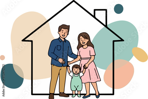 Happy family standing safely inside the outline of a simple house symbolizing home ownership