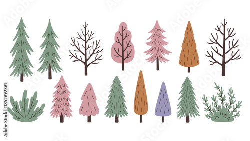 A simple and stylish collection of various coniferous and deciduous trees for creating stylized forest landscapes. This versatile nature set is perfect for seasonal or minimalist designs.