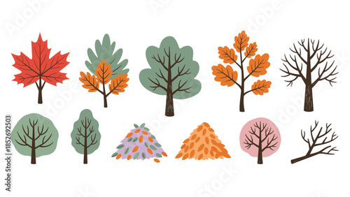 A complete collection of autumn trees and foliage elements, including a red maple, oak, and bare trees. This seasonal vector set features colorful leaves and piles of fallen foliage.