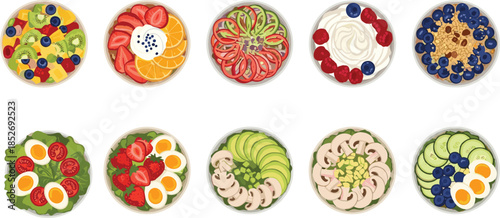 Colorful healthy food bowls illustration featuring fruit salads smoothie breakfasts and fresh toppings isolated on white background vector