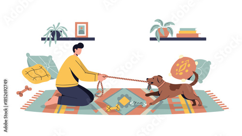 A young man playing tug of war with his energetic dog on a colorful rug in a cozy living room. This illustration shows a fun and interactive moment between a pet and its owner.