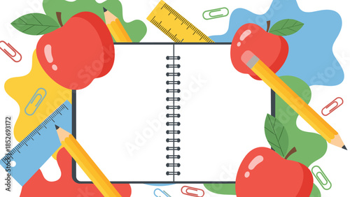 A cheerful back-to-school background with a blank open notebook for copy space, surrounded by apples, pencils, and rulers. This vibrant design is perfect for educational promotions and content.