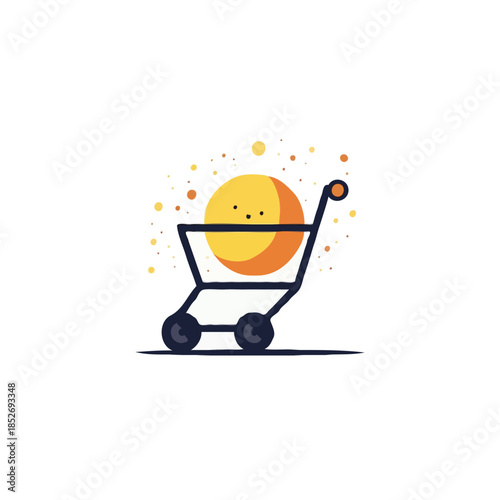 Stylized shopping cart illustration showcasing a round product amidst a playful scattered dots