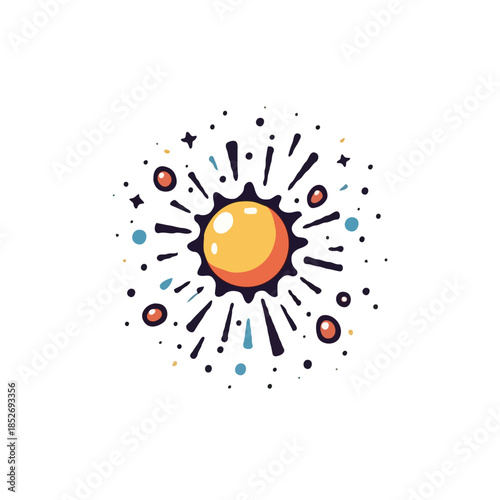Stylized sun illustration with cosmic elements symbolizing optimism and spreading positive energy