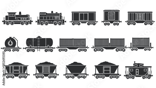 A collection of black silhouette icons for various types of freight train cars, including boxcars, tankers, and locomotives.