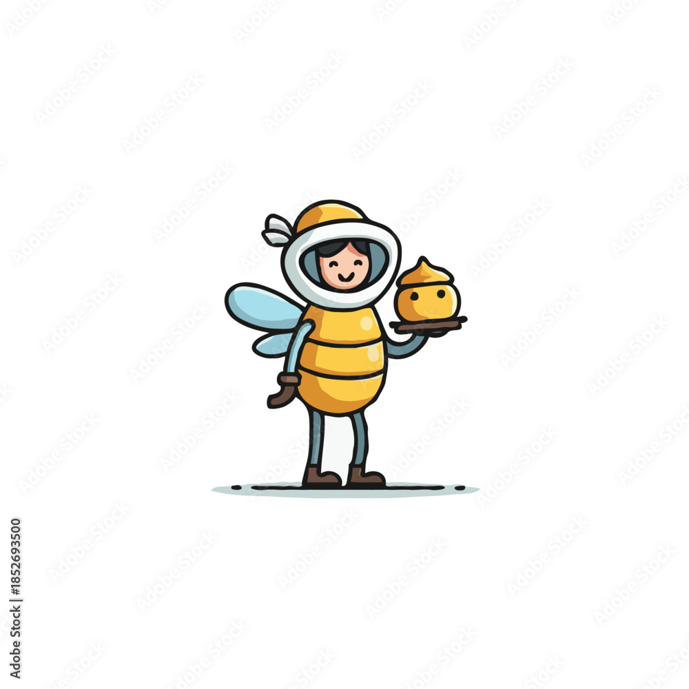 Fototapeta premium Whimsical cartoon of a character dressed as a bee and holding a pastry delights viewers with its