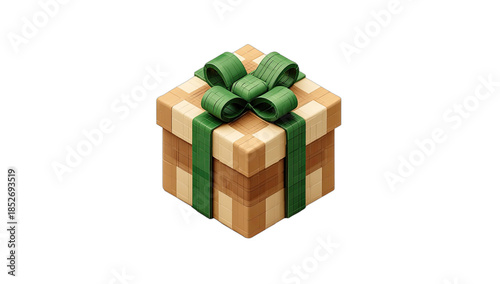 A square gift box with a green ribbon and bow, presented on a black background