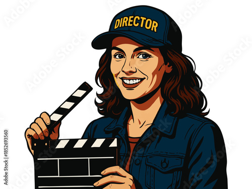 smiling female movie director wearing a headset and cap, holding a clapperboard during production. Generative ai vector colorful pop art illustration.