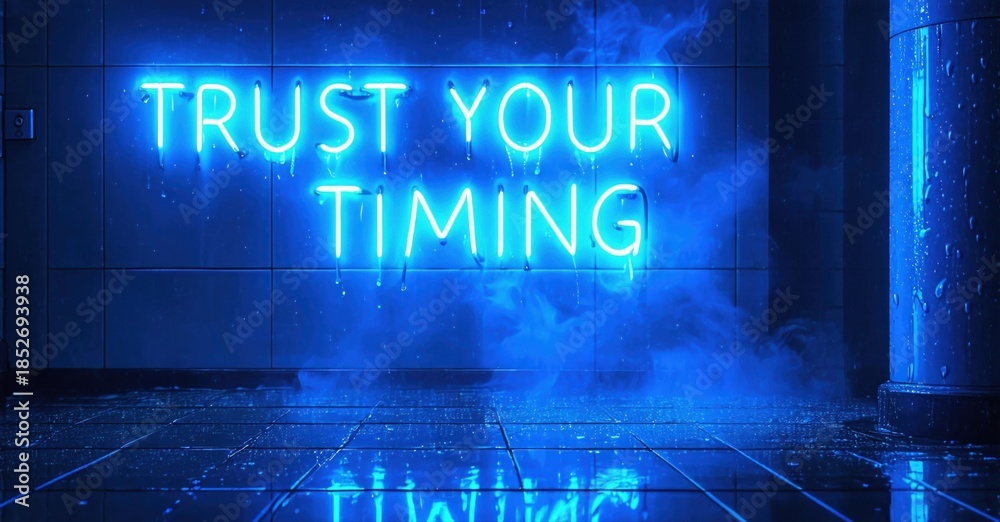 Fototapeta premium Bright neon sign displays positive message. Wet tiled wall creates moody atmosphere. Blue lighting dominates scene.