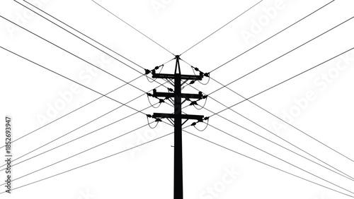 Electric utility pole silhouette with intersecting power lines forming geometric pattern isolated on white background for energy infrastructure design