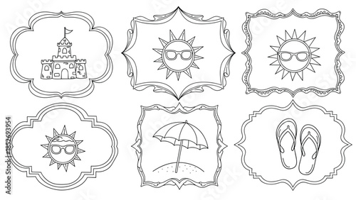 Collection of hand-drawn summer vacation icons including a sandcastle, a sun with sunglasses, a beach umbrella, and flip-flops in decorative frames.
