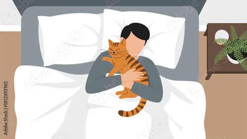 A top-down view of a person sleeping in bed while lovingly hugging a happy, purring orange tabby cat. This cozy illustration captures the comforting bond between a human and their pet.