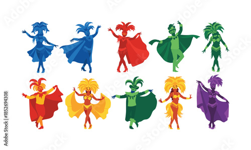 Brazilian carnival dancers set bundle in colorful costumes vector