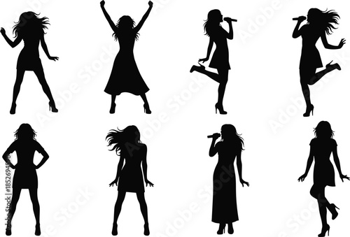 Female singer and dancer silhouettes performing energetic stage poses with microphone vector collection isolated on white background for music concert design