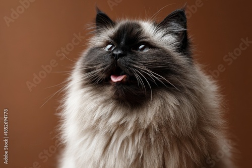 Portrait of a funny himalayan cat on pastel brown background.
