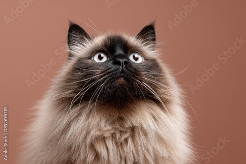 Portrait of a funny himalayan cat in pastel brown background.