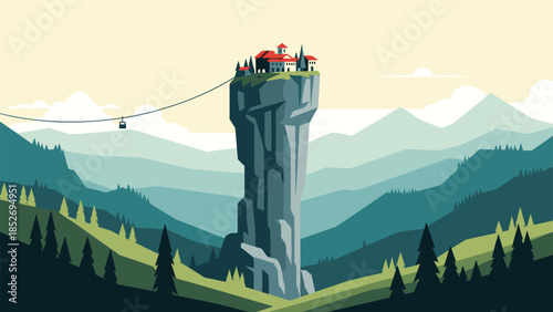 A flat design vector illustration of a village perched atop a dramatic cliff, connected by a cable car to the valley below.