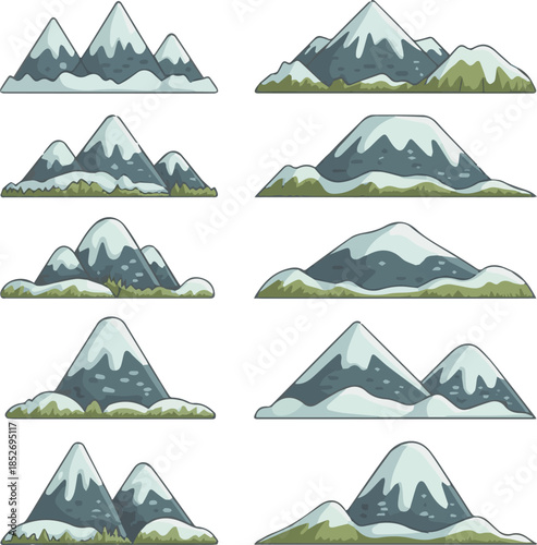 Cartoon mountain and hill with snow range. Flat peak for logo and nature landscape. Snowy cliff and rocky element for travel sport and adventure concept. Tourism and hiking isolated vector set.