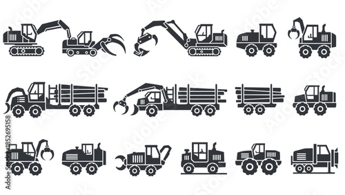 A set of black silhouette icons for heavy forestry and logging machinery, including forwarders, harvesters, and logging trucks.