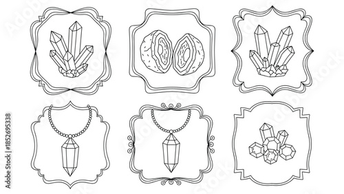 Hand-drawn collection of crystals and gemstones, including clusters, a geode, and a crystal pendant necklace, each inside a decorative vintage frame.