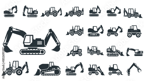 A comprehensive collection of black icons representing various types of excavators, backhoes, and front-end loaders for construction.