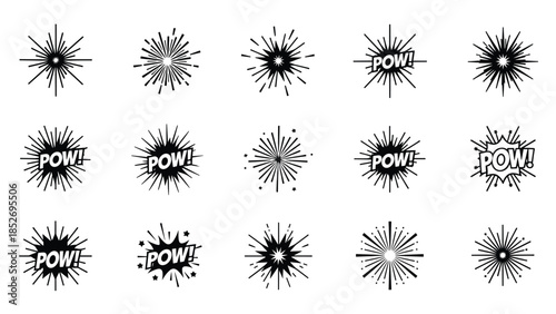 A collection of black and white comic book style explosion icons, including starbursts and 'POW!' text for action effects.
