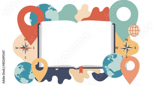 A geography and travel-themed background with a blank open book for copy space, surrounded by globes and location pins. This adventurous design is perfect for educational or travel content.