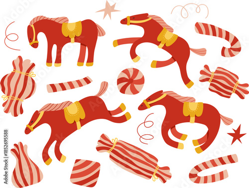 Christmas and New Year set of horse illustrations in flat cartoon style.