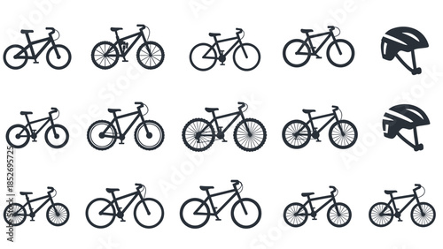 A collection of various bicycle icons in black silhouette, including mountain bikes, road bikes, and safety helmets for cycling.