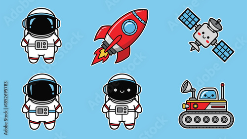A cute collection of kawaii space exploration icons, featuring astronauts, a red rocket ship, a smiling satellite, and a planetary rover vehicle.