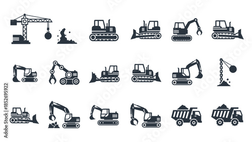 A set of black glyph icons for heavy construction machinery, including excavators, bulldozers, dump trucks, and demolition cranes.