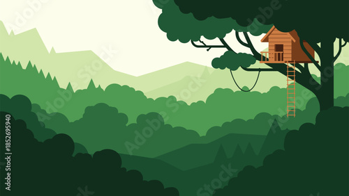 A whimsical flat design illustration of a cozy treehouse nestled in a large tree overlooking a lush green forest valley.