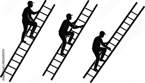 Man climbing ladder silhouettes vector illustration showing construction safety work and height access activities isolated on white background for industry design
