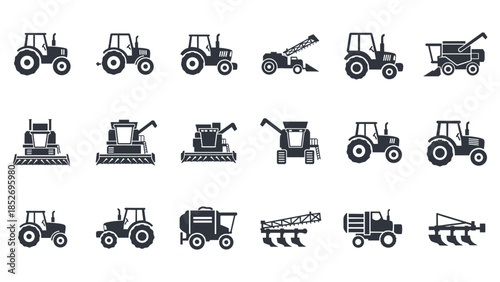 A collection of black icons depicting various types of agricultural machinery, such as tractors, combine harvesters, and plows.