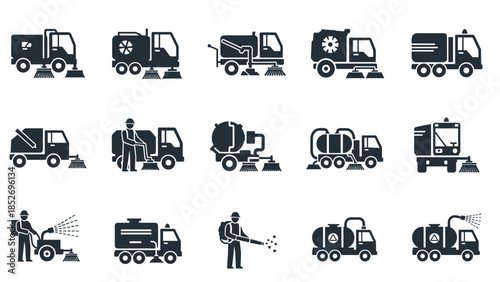 A collection of black icons for various municipal cleaning and sanitation vehicles, including street sweepers and sprinkler trucks.