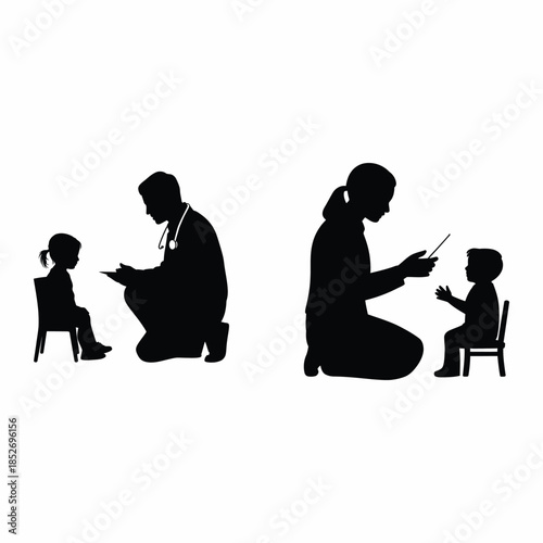 Pediatric doctor with child Vector, Silhouette, Illustration