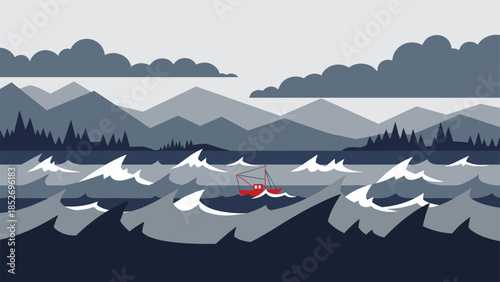 A dramatic pixel art scene of a small red fishing boat navigating stormy seas with large waves, mountains, and dark clouds.