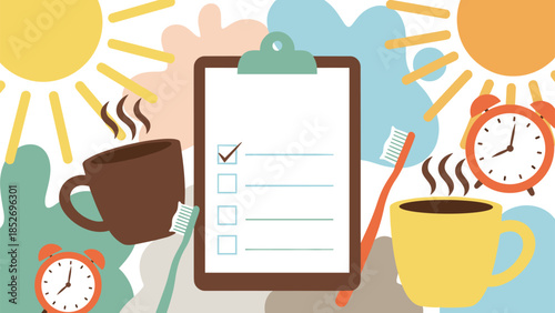 A vibrant morning routine background with a blank checklist on a clipboard, surrounded by coffee cups and alarm clocks. This energetic design is perfect for daily planning or lifestyle content.