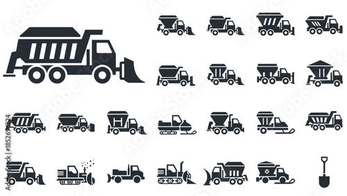 A set of black silhouette icons for various snow removal vehicles, including snow plows, salt spreaders, and snow blowers.