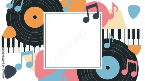 A retro-themed square frame with copy space, surrounded by vinyl records, piano keys, and colorful music notes. This vibrant design is perfect for music lovers, parties, or event promotions.