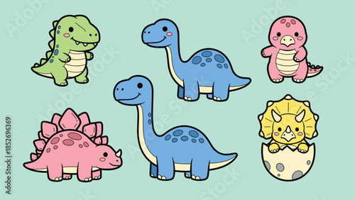 Collection of adorable cartoon baby dinosaurs in pastel colors, including a T-rex, brontosaurus, stegosaurus, and a triceratops hatching from an egg.