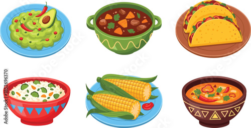 Mexican food illustration set featuring guacamole soup tacos rice corn and traditional dishes isolated on white background vector design