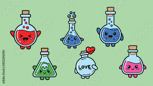 A colorful set of cute kawaii potion bottles as characters, including happy, poison, and love potions, each with a unique shape and expression.